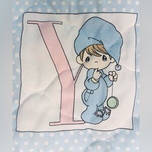 Vintage 80s Precious Moments ABC Baby Quilt Blue Alphabet Blanket [000146]
